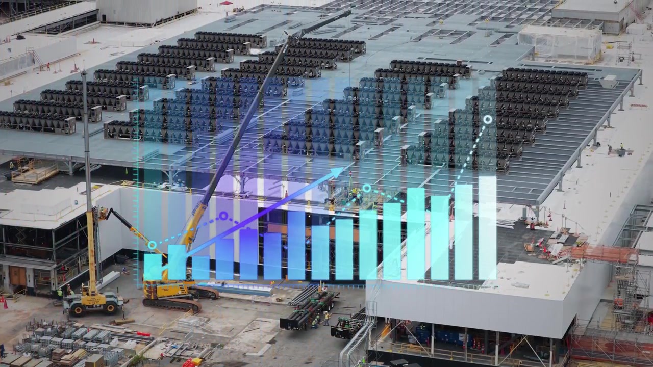 Hyperscale AI infrastructure data center expansion featuring construction progress, compute capacity growth and next-generation digital facilities. 3D graph animation. Aerial
