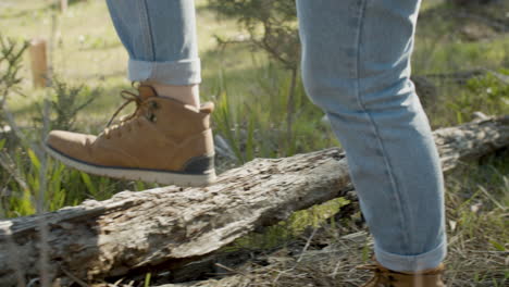 close up shot of two unrecognizable hikers walking in the forest and stepping on a wooden log on a sunny day