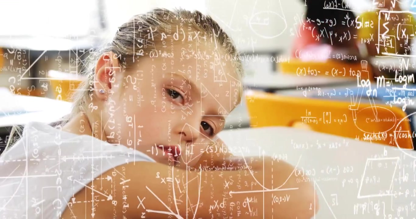 Girl pupil lifting head turning to classroom camera with zooming math overlaying focusing on lesson