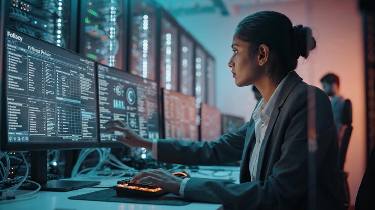 A focused professional engaged in data analysis and cybersecurity measures, surrounded by high-tech computer systems in a modern technological workspace.