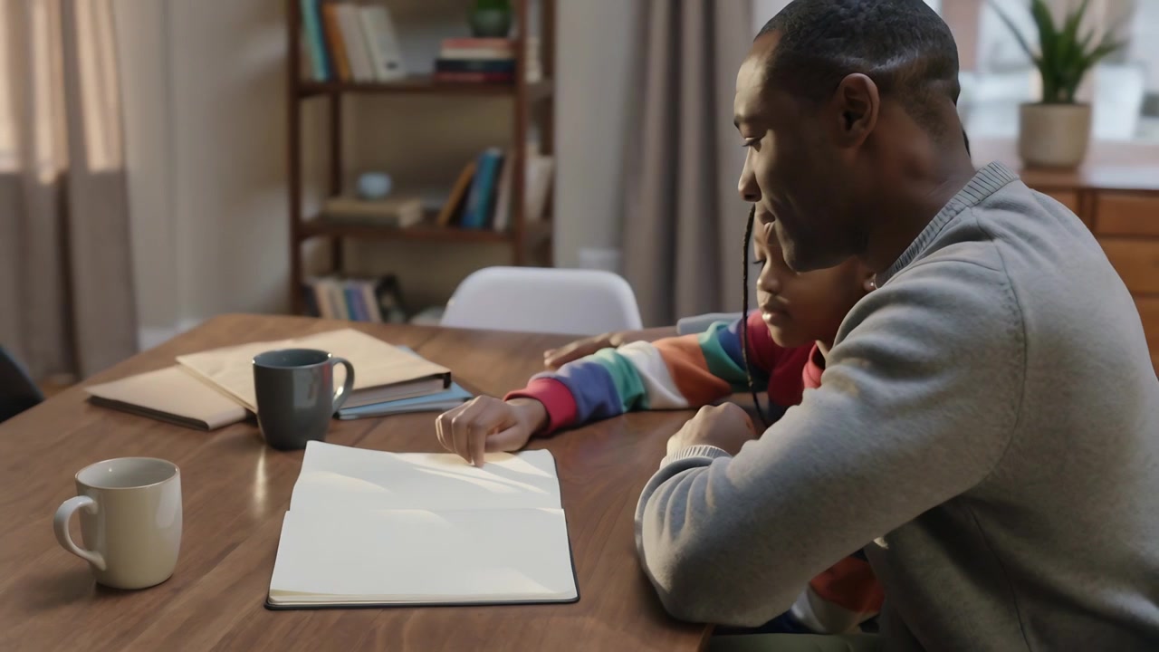 Guiding father guiding daughter in rainbow sweater reaching blank book pages at table teaching