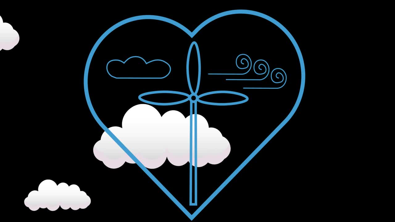 animación de la turbina eólica en el corazón sobre nubes en fondo negro