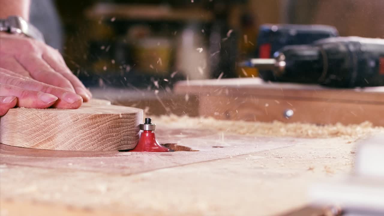 un carpintero es chamfer un borde de un plato compartimental en el cortador de fresado