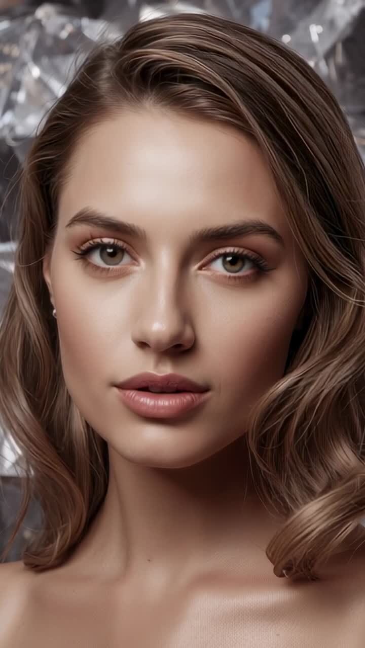 Vertical video: Starting shoot model performing soft blinks for beauty ad in studio, wearing studs