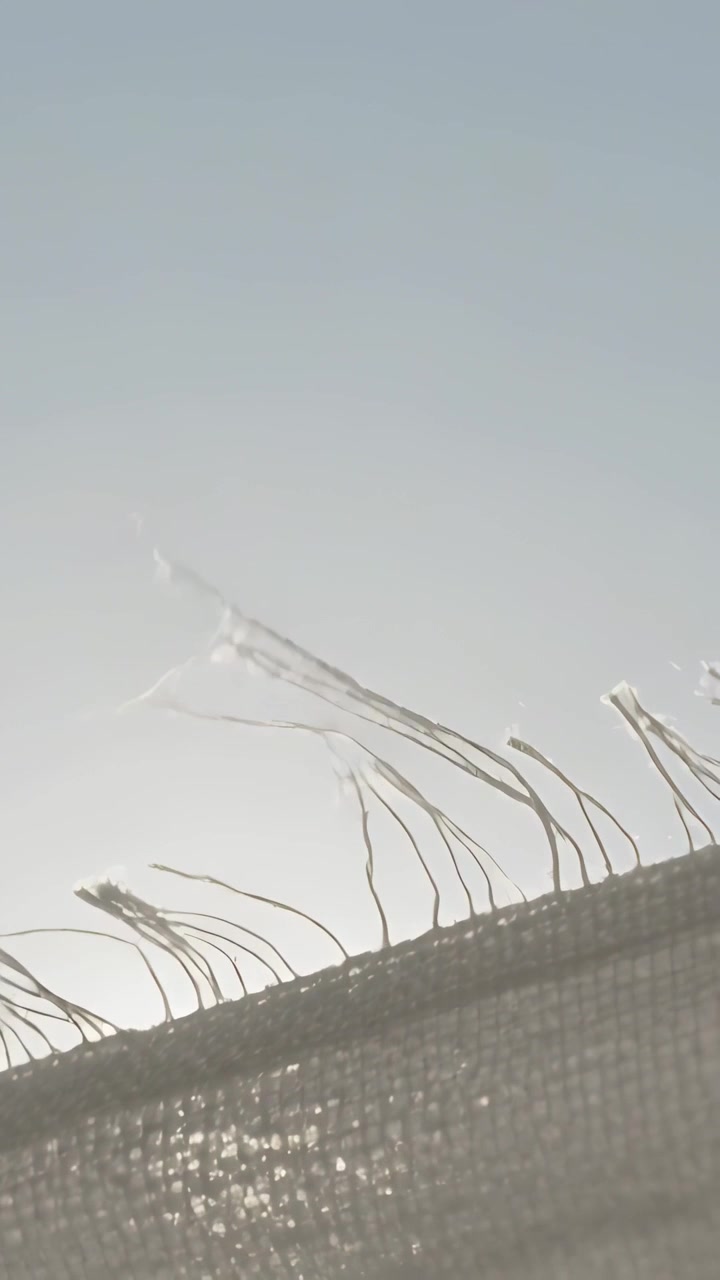 Video verticale: Striscia di tessuto orlata che ondeggia, un lungo filamento si piega contro il cielo blu, spinto dal vento