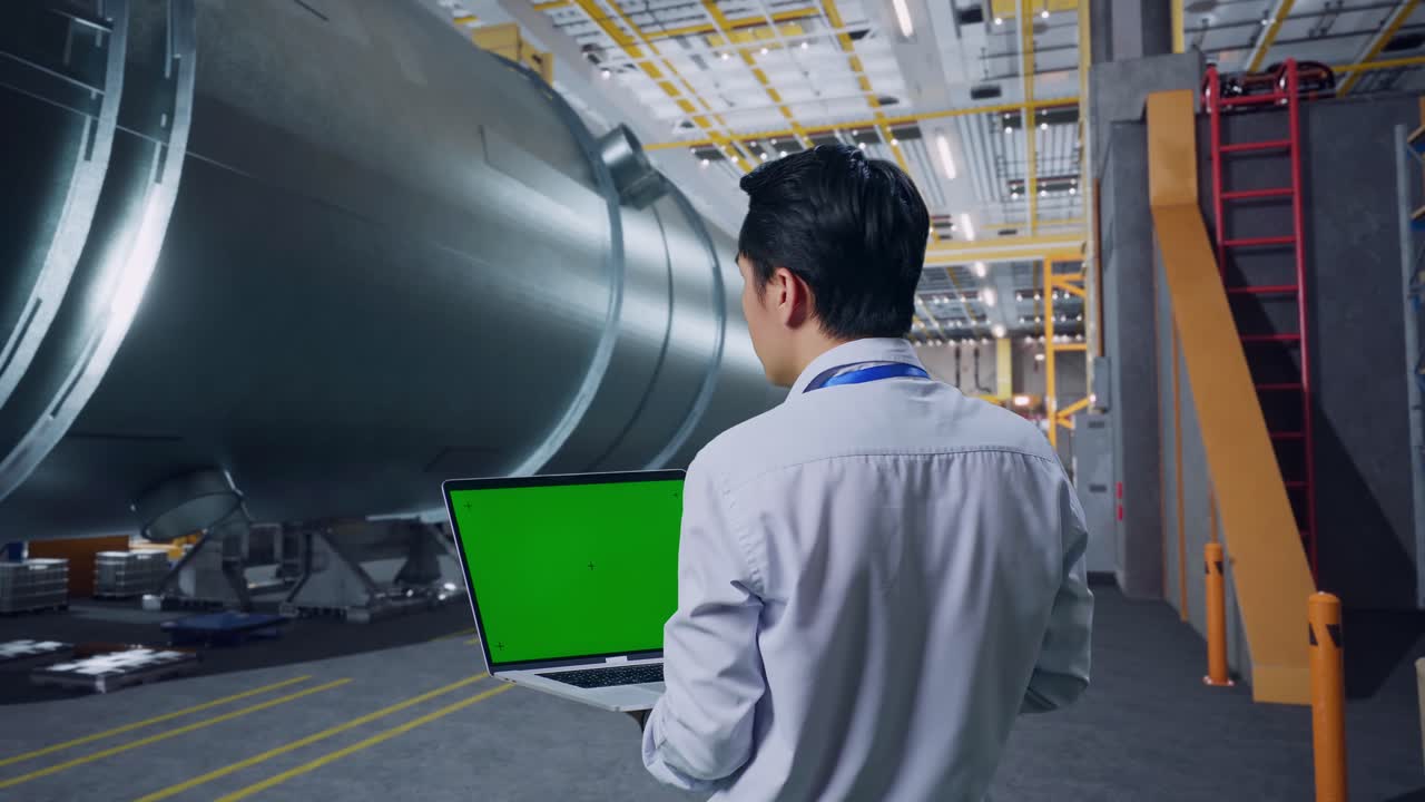 큰 공장에서 노트북으로 프로젝트를 검토하는 엔지니어