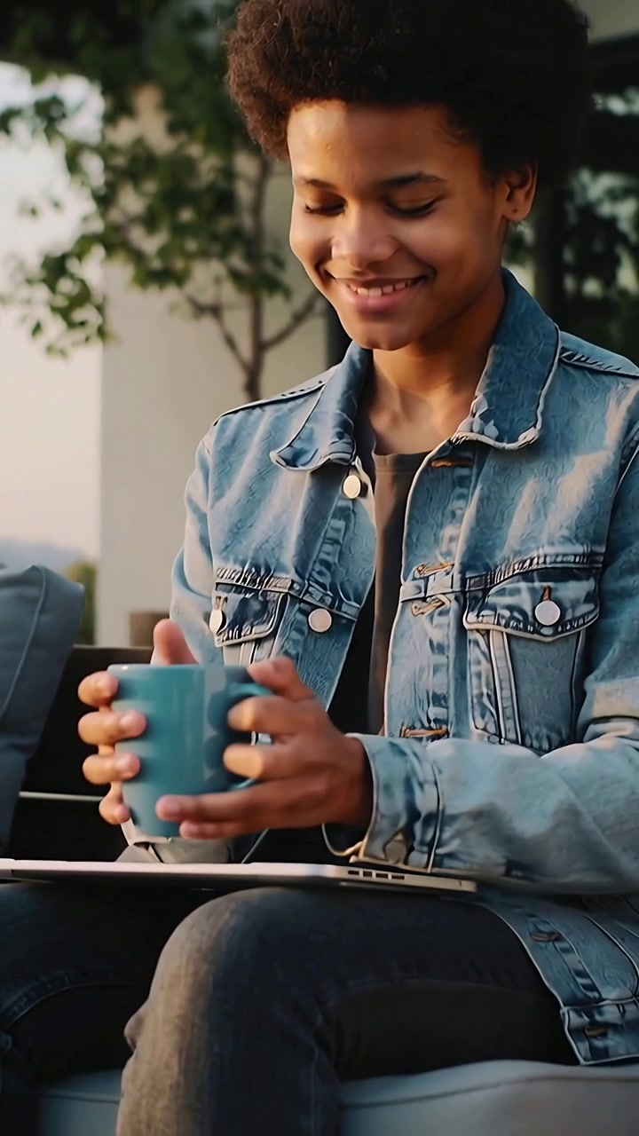 Video verticale: Chiudendo il coperchio del laptop con la mano sinistra che tiene una tazza color verde acqua, un adolescente in jeans si ferma sul patio.