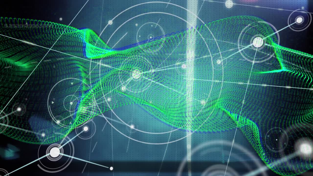 Animation of green digital wave, network of connections and light spots against blue background