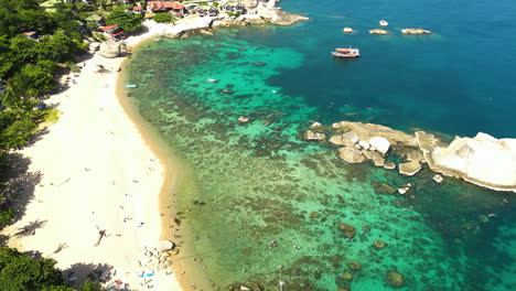 Aerial-top-down-shot-of-Tanote-Bay-with-sandy-beach-and-clear-ocean-water-with-coral-reef-in-summer,-Koh-Tao