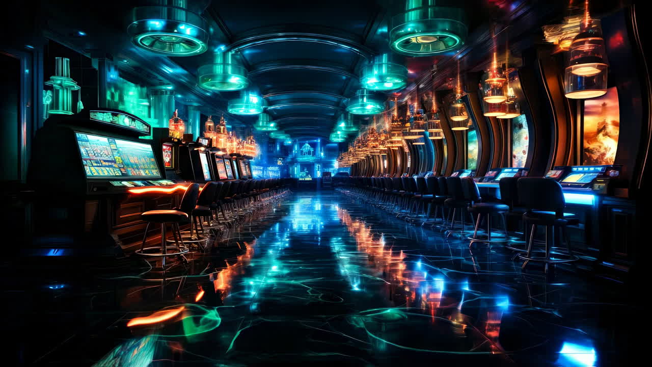 Bright gaming floor filled with machines. A vibrant gaming room features colorful slot machines and neon lights, creating an exciting atmosphere at night