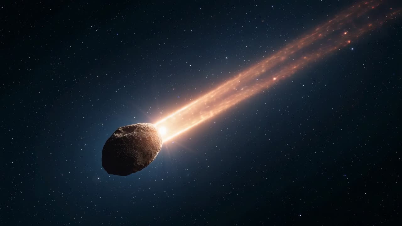 Entering frame, rocky meteoroid speeding in space, trailing plasma and ember fragments, copy space