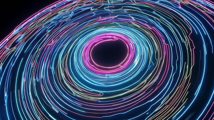 Spinning neon circles create a mesmerizing visual effect against a black background, radiating vibrant energy and color