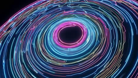 spinning neon circles create a mesmerizing visual effect against a black background, radiating vibrant energy and color