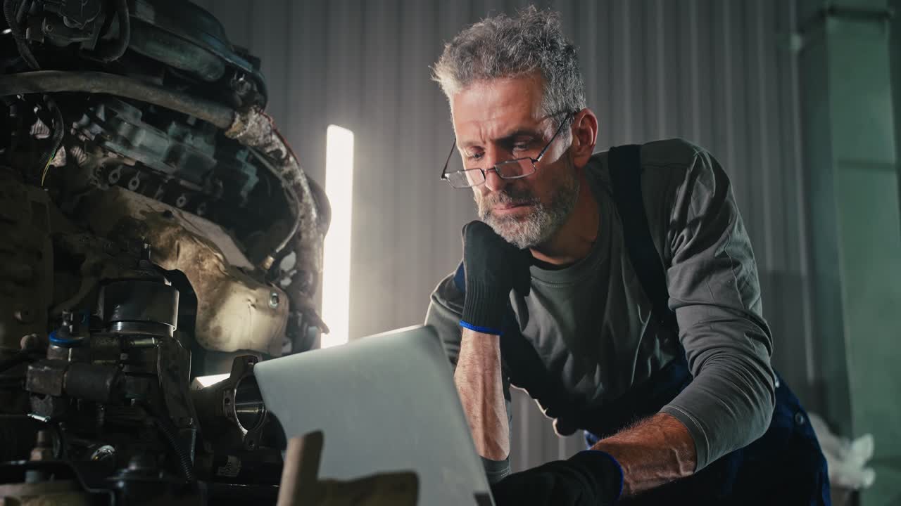 Mechanic Inspecting a Car Engine with Laptop