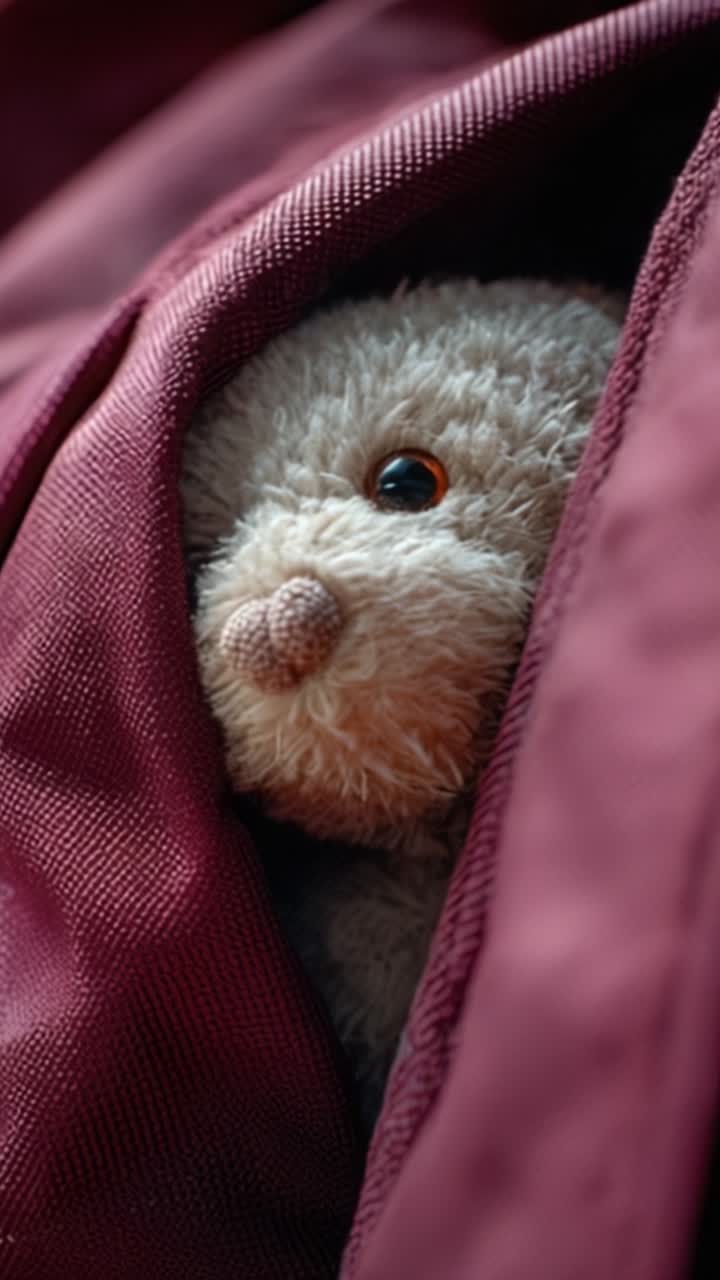 Un morbido peluche che sbircia silenziosamente da uno sfondo accogliente di tessuto rosso, catturando un momento di tenerezza e comfort nelle sue caratteristiche morbide e nell'espressione delicata.