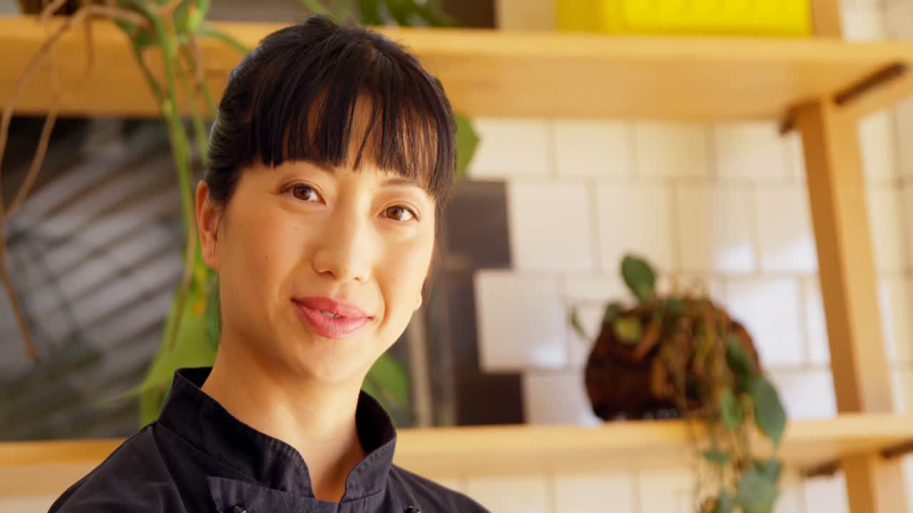 카페 4k에 서 있는 아름다운 웨이트리스