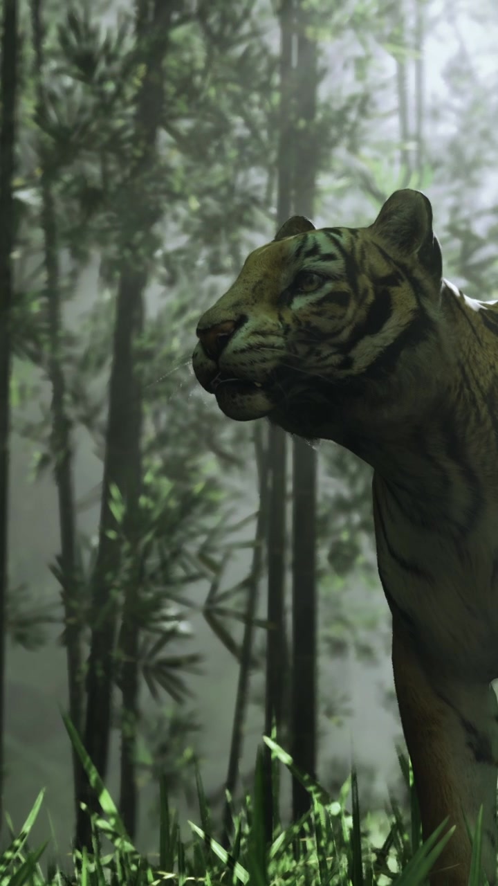 Tiger in a dense green forest surrounded by bamboo trees at daylight