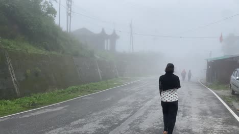 Rear-view-of-Happy-young-Indian-girl-walking-through-mountain-roads-in-a-foggy-day-at-a-hill-top-in-India