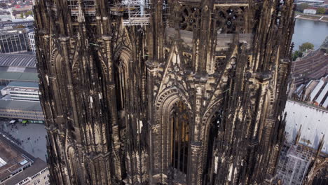 closeup aerial shows impressive gothic design of cologne cathedral, germany