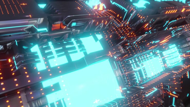 Motion graphic 4K seamless loop of abstract technology background, led and flickering particles. Animation of electric circuit signal with light glow and Bokeh.