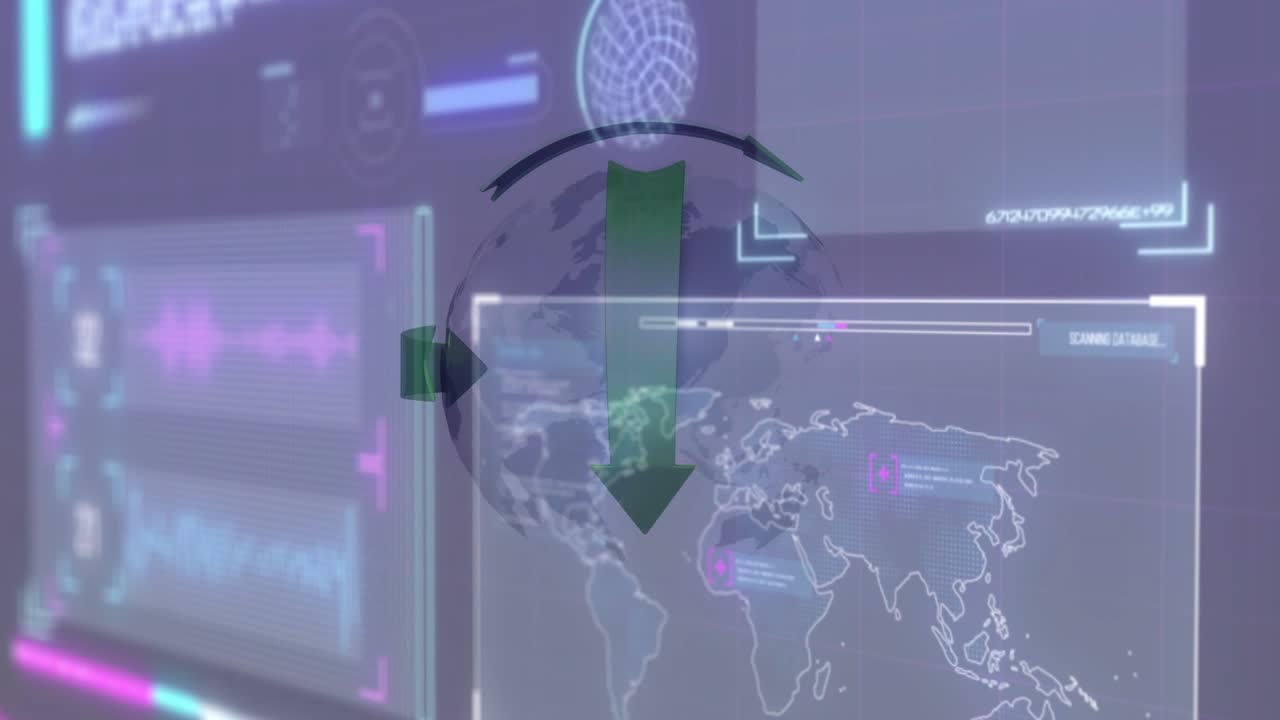 Mappa HUD animata, freccia verde che sale dal globo, arco che ruota, indicatori che pulsano, indicando un aggiornamento