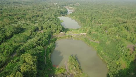 Aerial-flyover-big-river-that-contain-small-amount-of-water-with-tree-vegetation-in-Indonesia,Asia