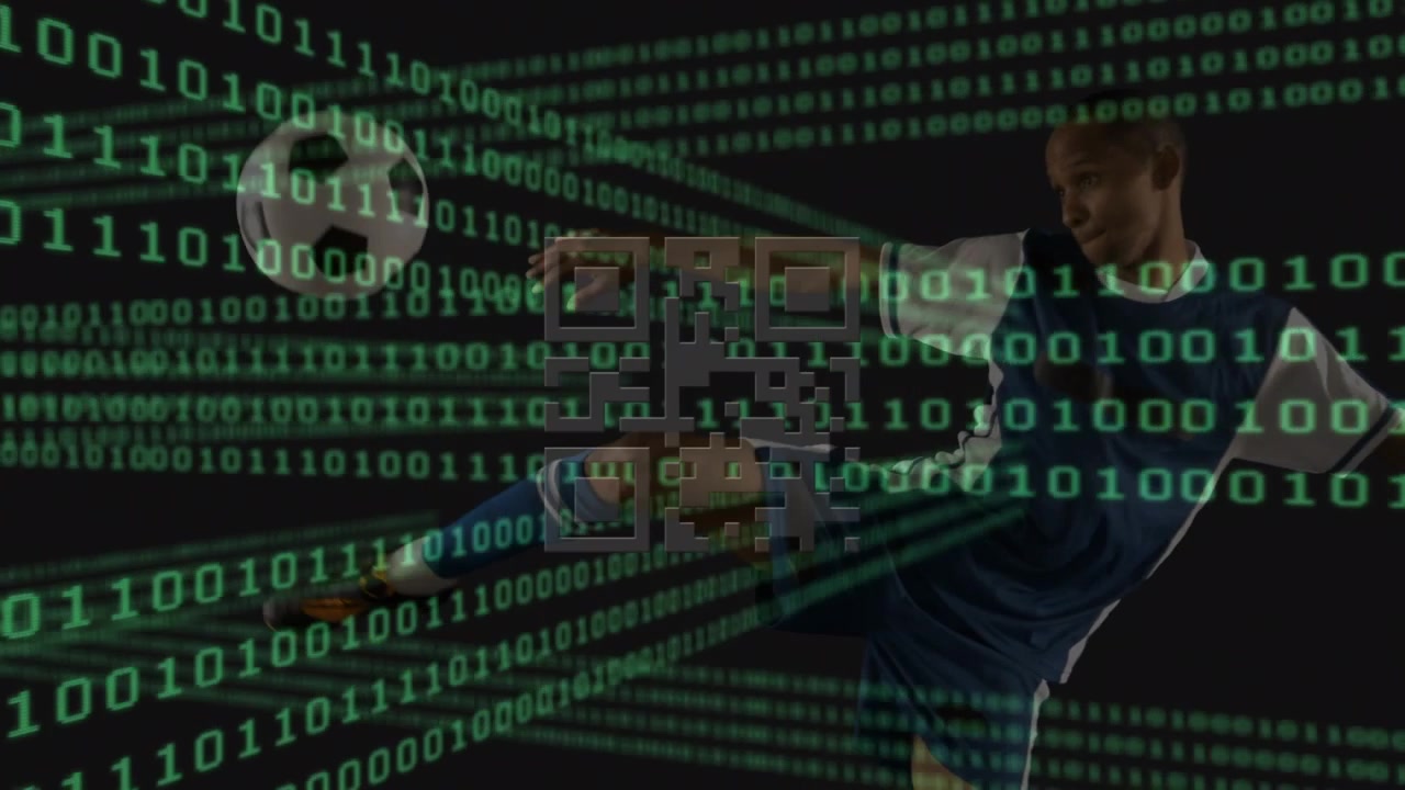Animation of binary coding and qr code over football player