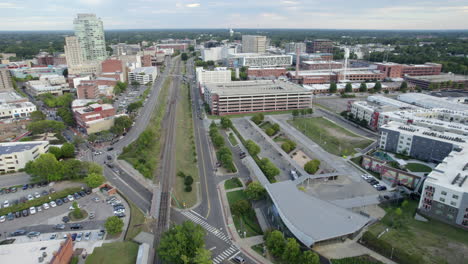 Aerial-urban-cityscape,-downtown-Durham-NC