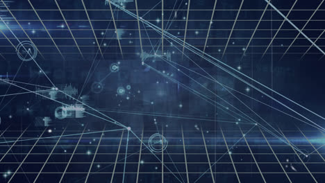 animation of network of connections with icons over grid and data processing