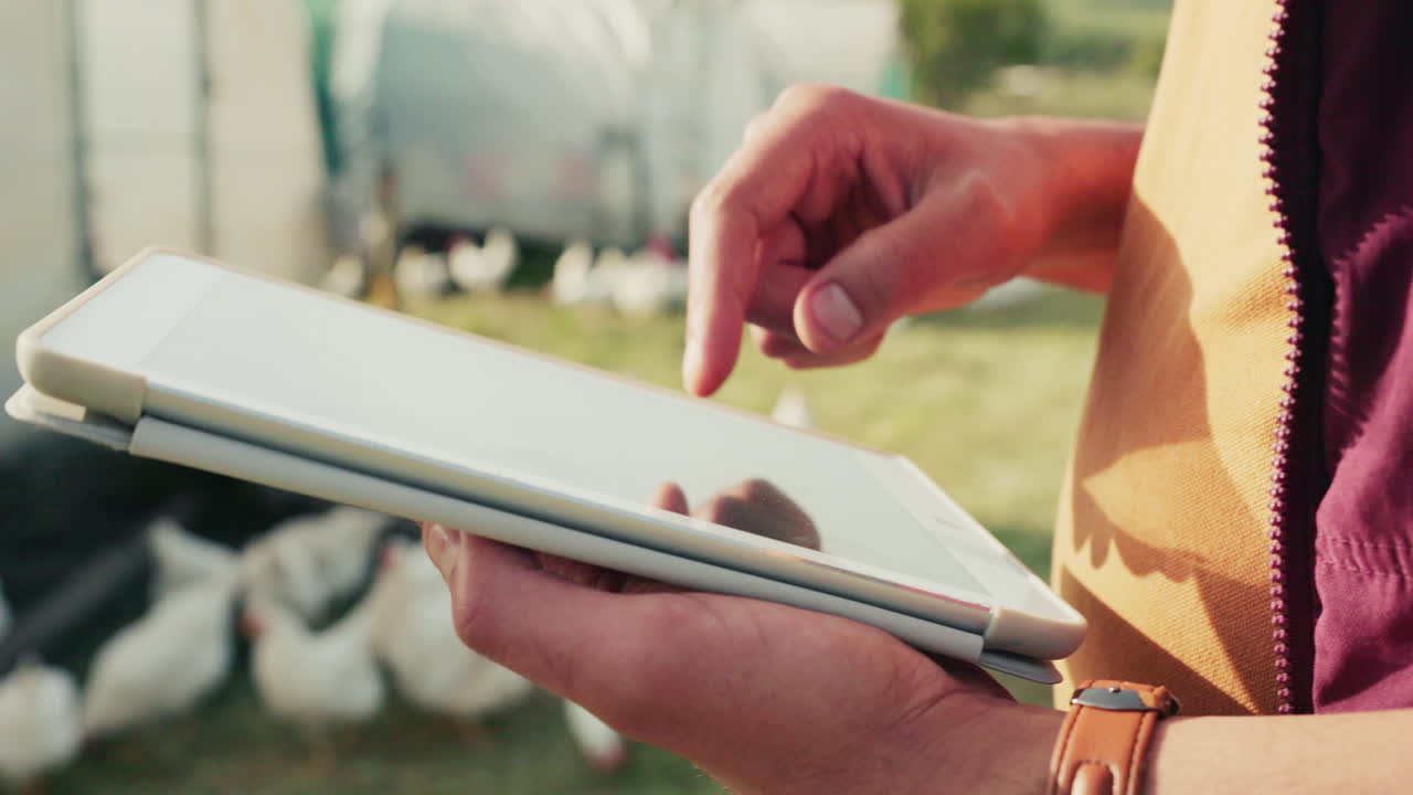 pollo, tableta y granja con ganado avícola