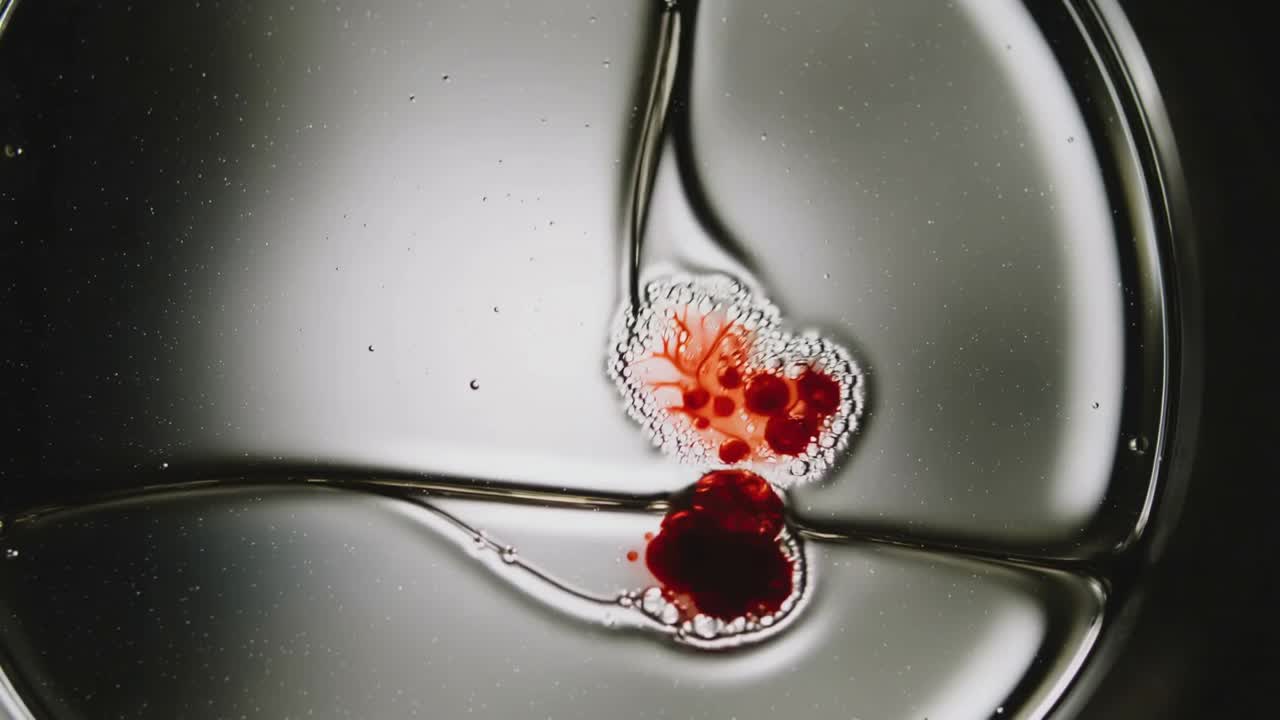 Tube releasing droplet, red dye spreading, forming veins in clear dish, backlit bubbles for study