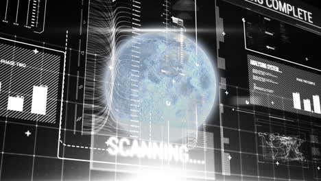 animation of planet earth with scope scanning and data processing on screen