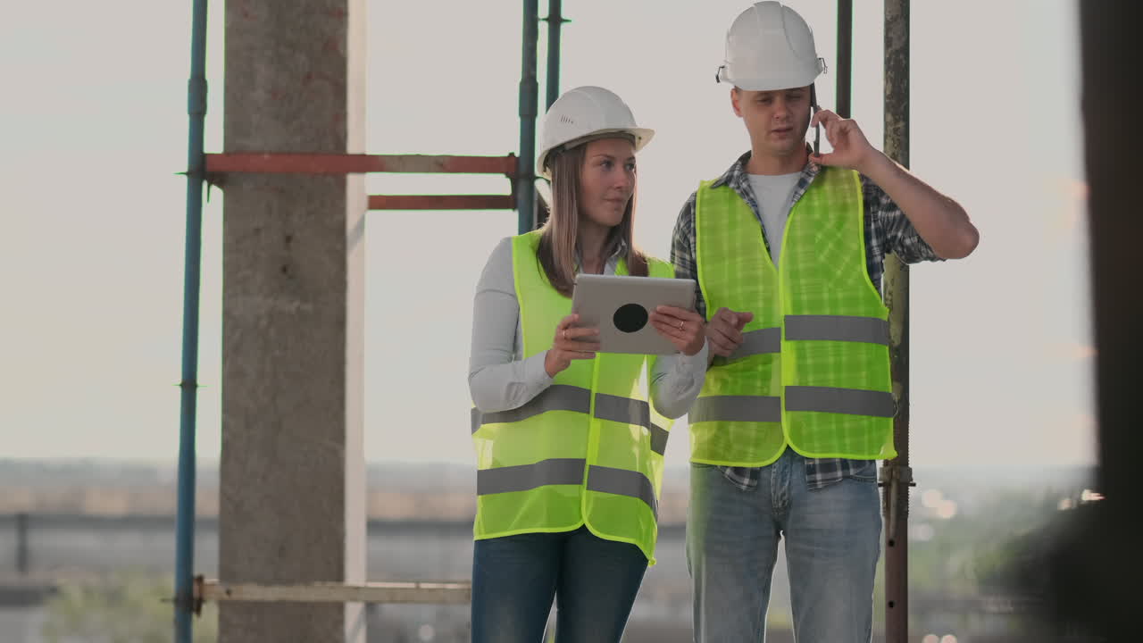 el controlador es un hombre de un edificio en construcción hablando por teléfono con la administración y ha discutido con el ingeniero y la arquitecta el progreso de la construcción.