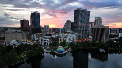 downtown orlando skyline and lake eola at sunset