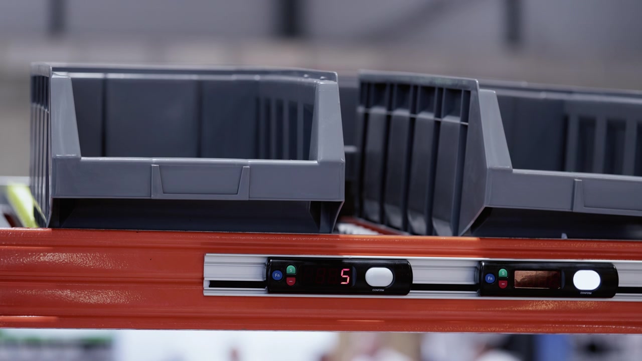 Digital Inventory Picking System with LED Displays on Warehouse Shelving