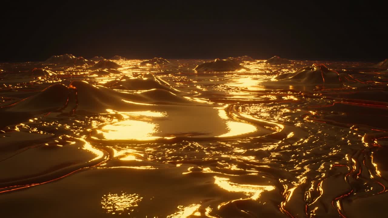 Eine bewegte Kamera enthüllt eine sich verlagernde Oberfläche aus glänzendem Flüssigmetall, um nahegelegene Details und goldene Reflexe zu zeigen.
