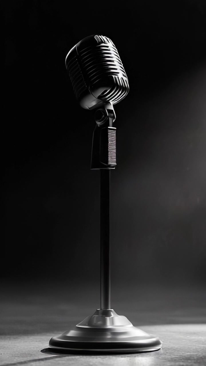 Classic Retro Microphone on Stand Illuminated by Dramatic Light, Conveying a Sense of Anticipation and Artistic Vibes for Performance and Music Contexts