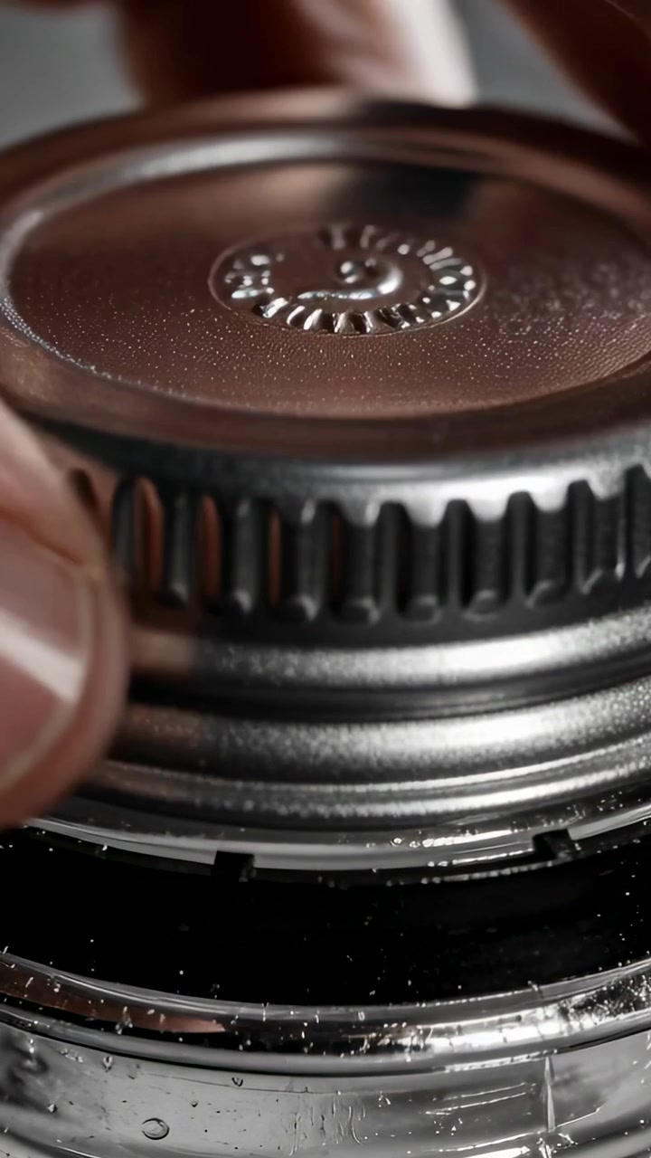 Video verticale: Allineamento delle dita dopo aver aperto un barattolo e aver stretto il tappo a vite sul bancone, sigillando.