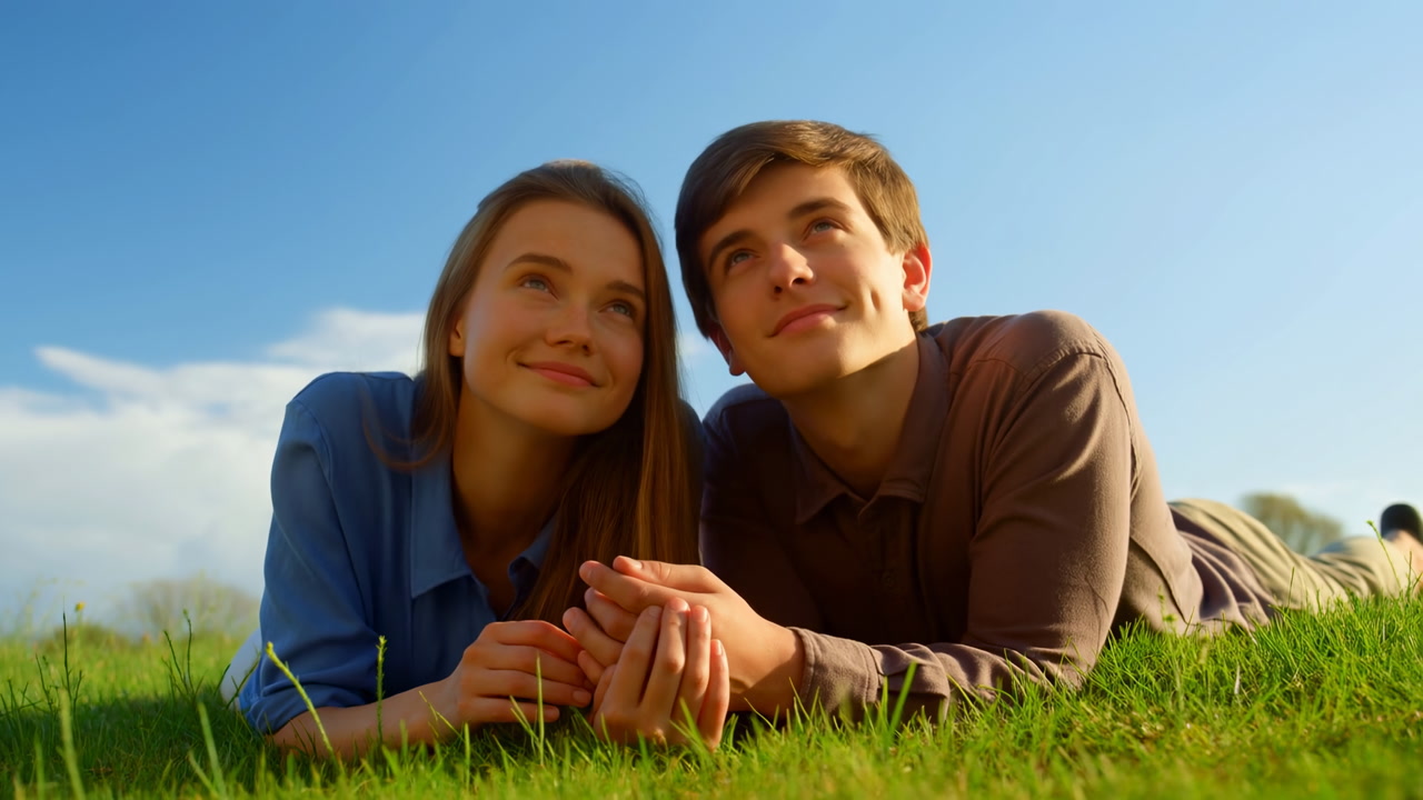Young White Couple Lying On Grass Gazing Sky, College Students Holding Hands Under Clear Blue Sky, Warm