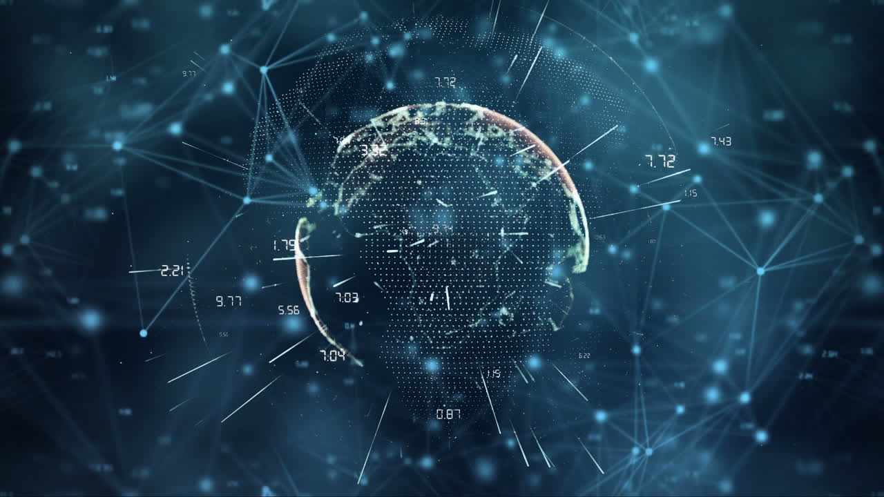 Animation of globe over network of connections and data processing