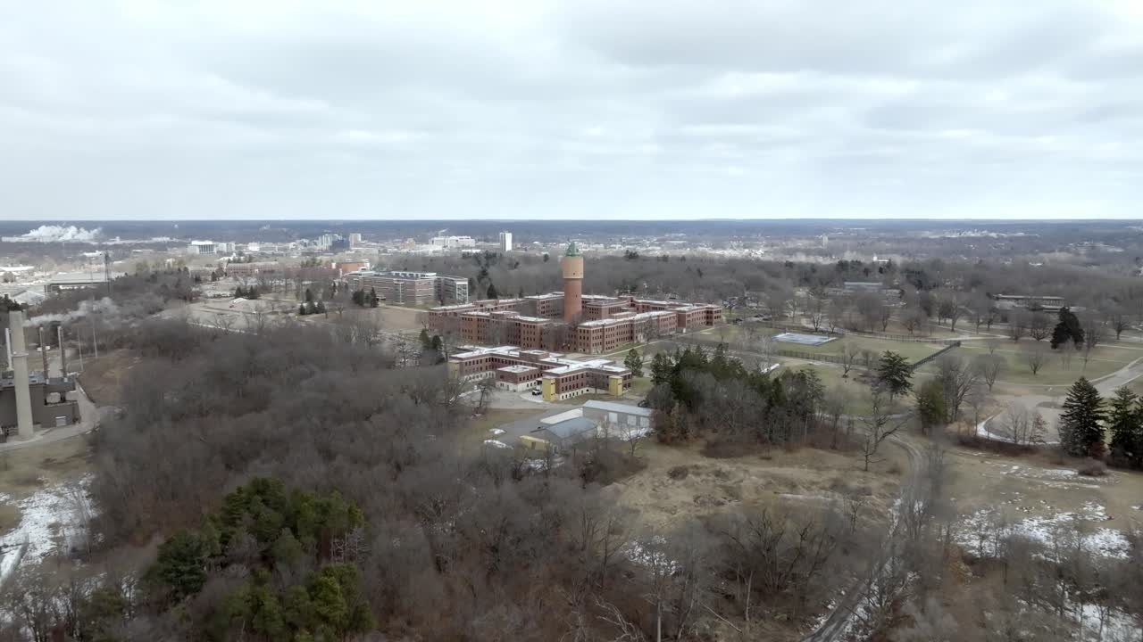 Psychiatric Hospital in Kalamazoo, Michigan with drone video moving in.