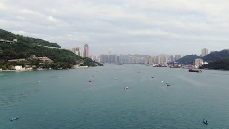 Hong-Kong-bay-and-Skyline-on-a-beautiful-day,-Aerial-view