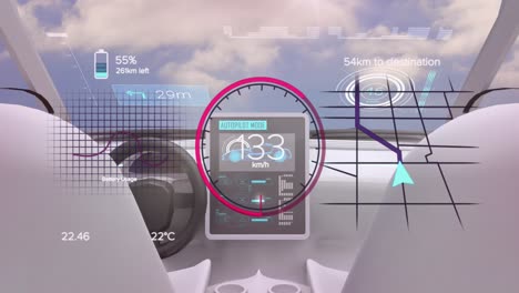 Animation of car digital interface panel over car and clouds