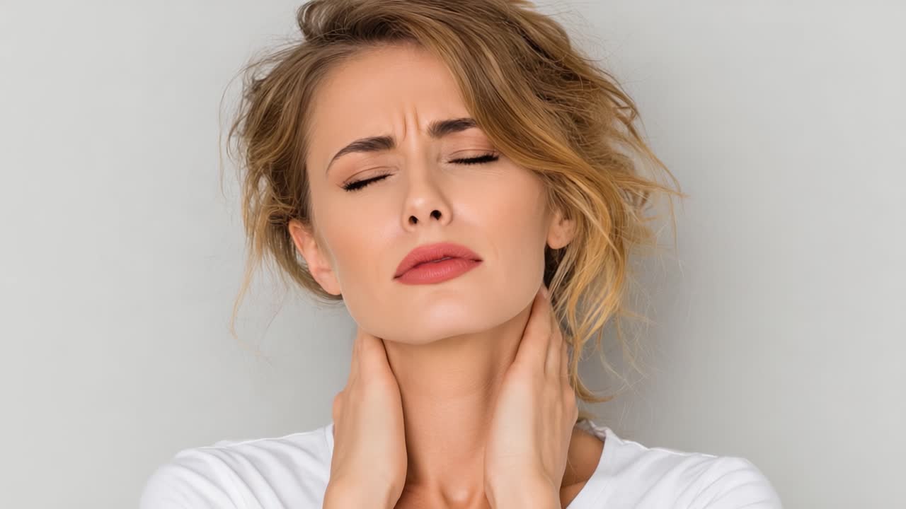 Una serie di espressioni: una donna a disagio che si tiene il collo, che ritrae dolore e tensione in ogni fotogramma catturato.