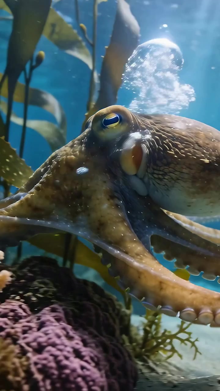 Video verticale: Bolle che fuoriescono, polpo marrone che si gira e sonda il fondale sabbioso tra le fronde di kelp.