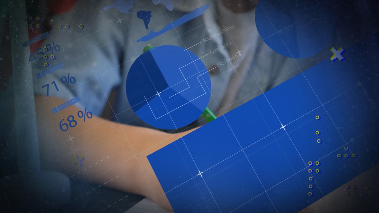 animación del procesamiento de datos financieros sobre un escolar caucásico