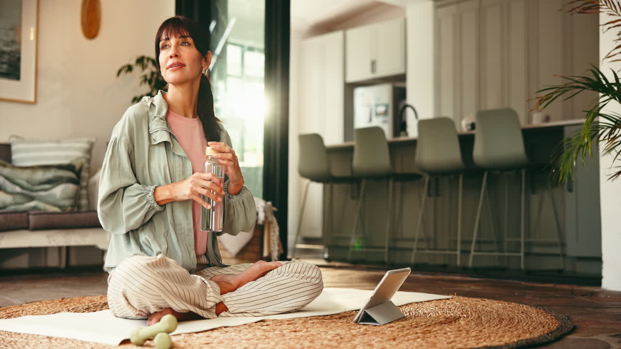 Donna rilassata beve acqua su un tappetino da yoga a casa