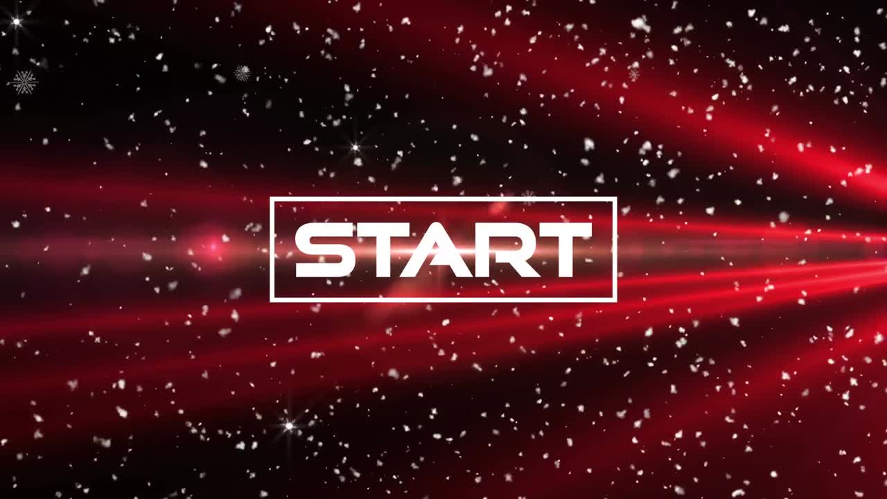 Animation of start text over red light and snow flakes on black background