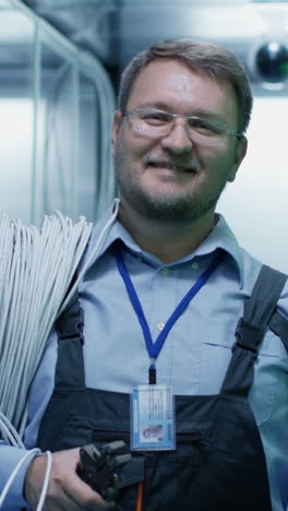 smiling it technician in server room holding network cables and tools