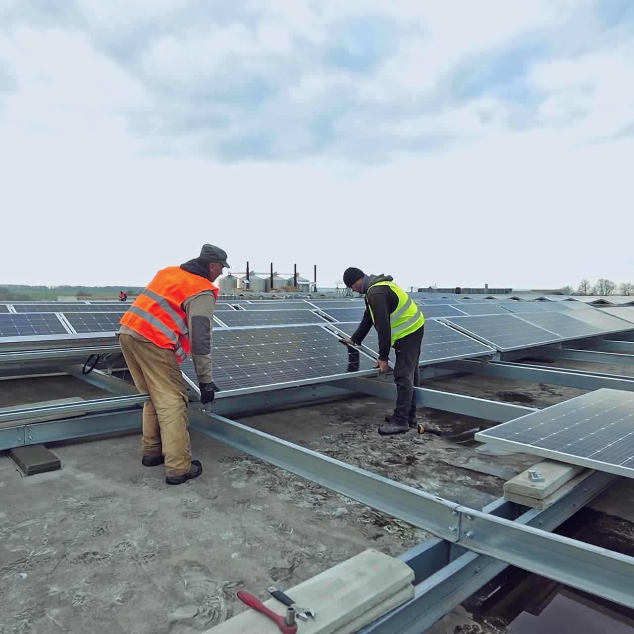 Technicians installing solar panel on metal base. Two workers laying down and installing solar panels on flat roof. PV panel converts solar energy into electric energy.